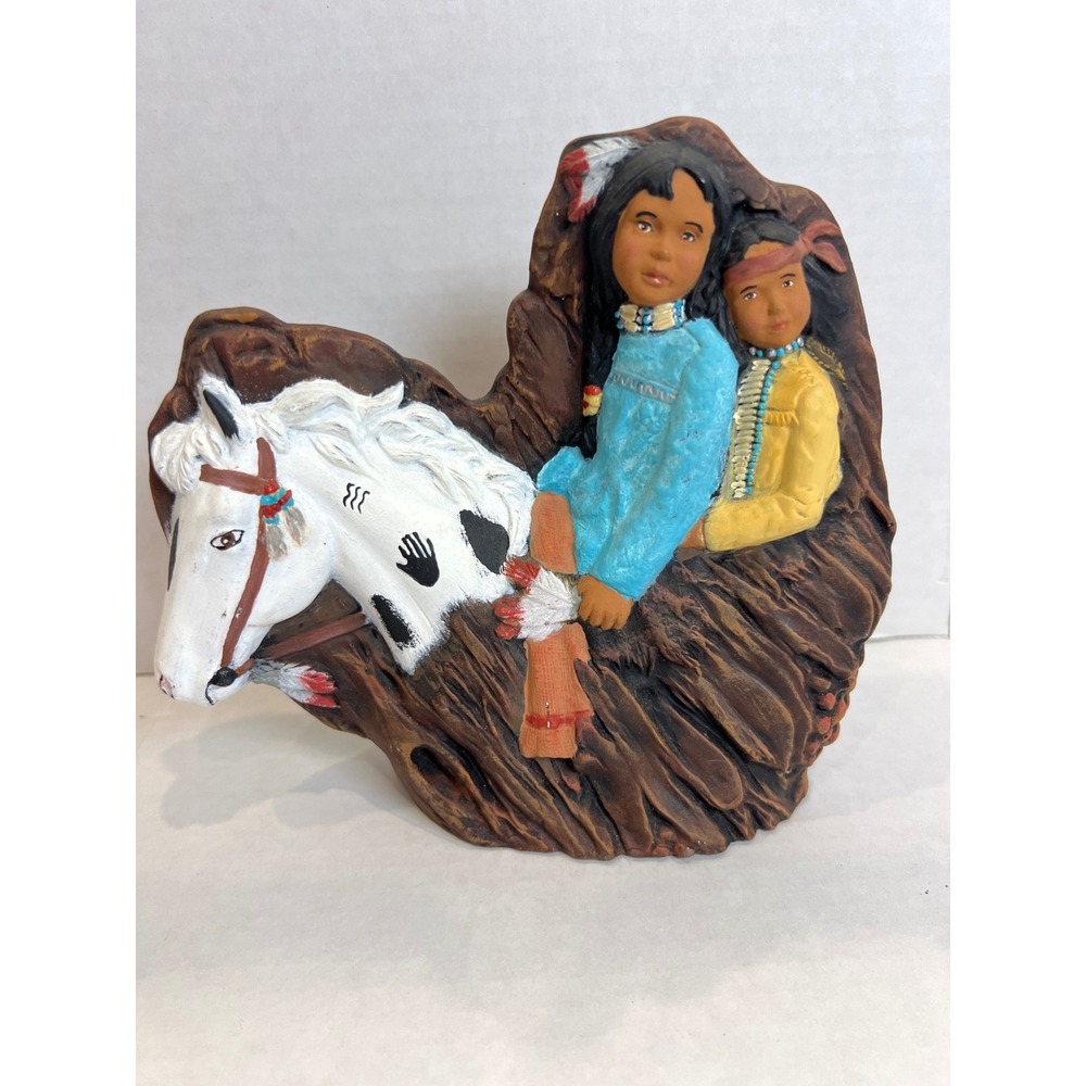 Native American Hand‎ Painted Children on Horse Ceramic Sculpture Figurine Decor